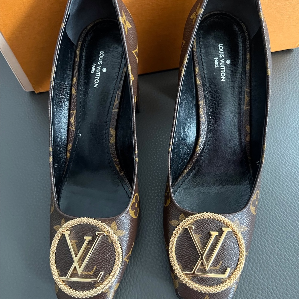 Louis Vuitton Monogram Brown Heels with Gold Accents